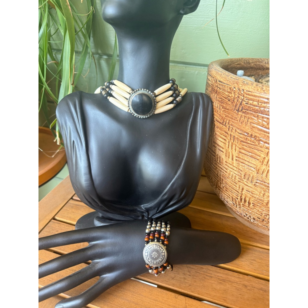 Vintage Bone Carved Native American Necklace and Bracelet